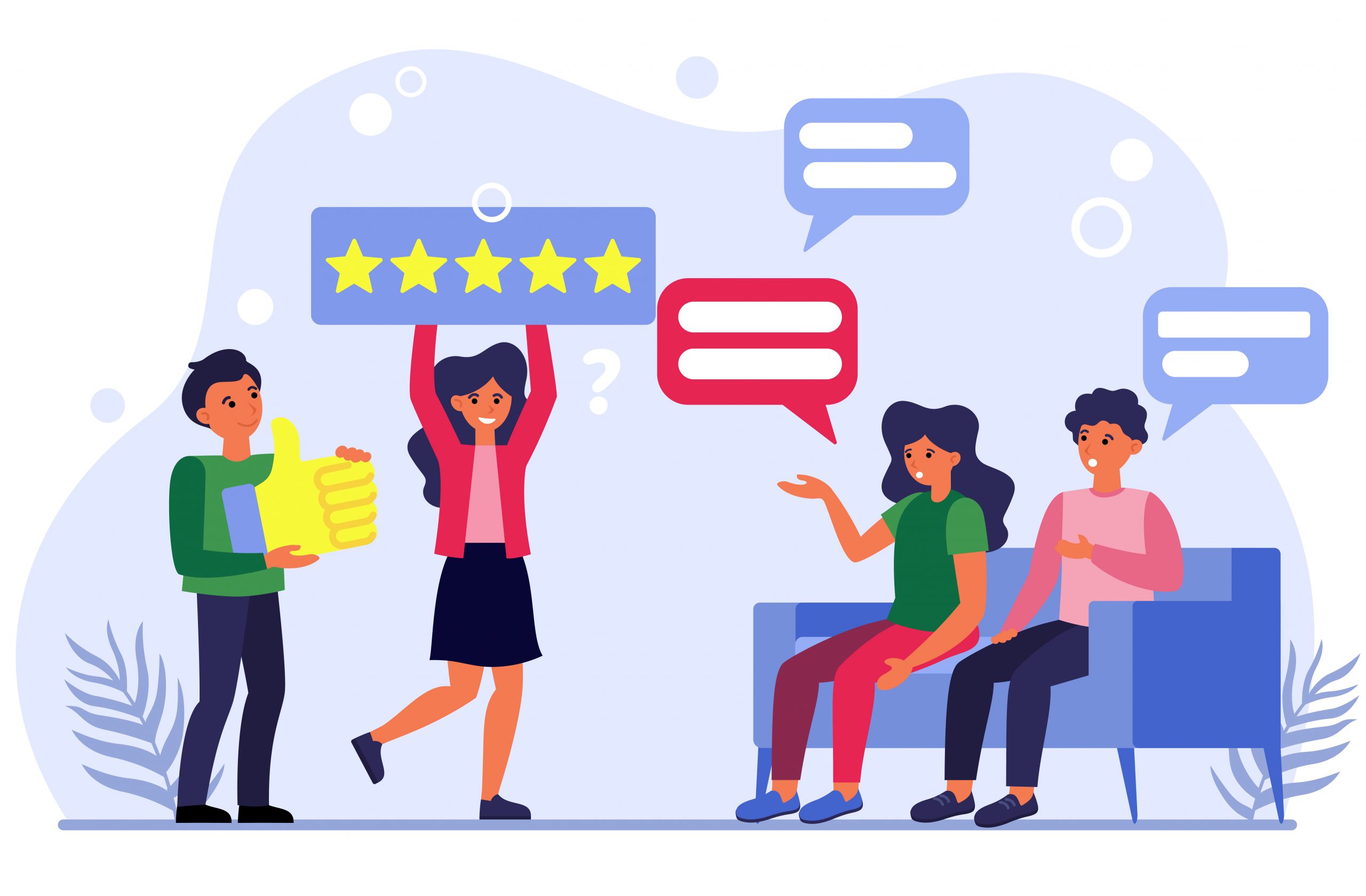 People discussing media ratings. Man and woman asking people about their feedback flat vector illustration. Social networking concept for banner, website design or landing web page